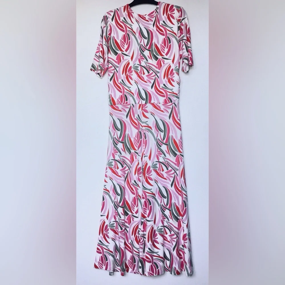 Olsen Pink Leaf Design Jersey Ruched Front Midi Dress Size Large - Picture 6 of 13